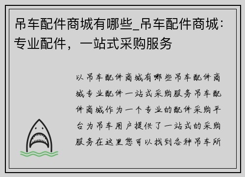 吊车配件商城有哪些_吊车配件商城:专业配件,一站式采购服务