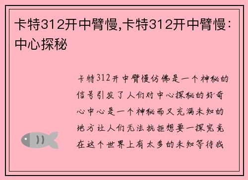 卡特312开中臂慢,卡特312开中臂慢:中心探秘
