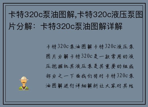 卡特320c泵油图解,卡特320c液压泵图片分解:卡特320c泵油图解详解