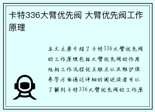 卡特336大臂优先阀 大臂优先阀工作原理