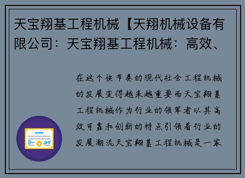 天宝翔基工程机械【天翔机械设备有限公司：天宝翔基工程机械：高效、可靠、创新】